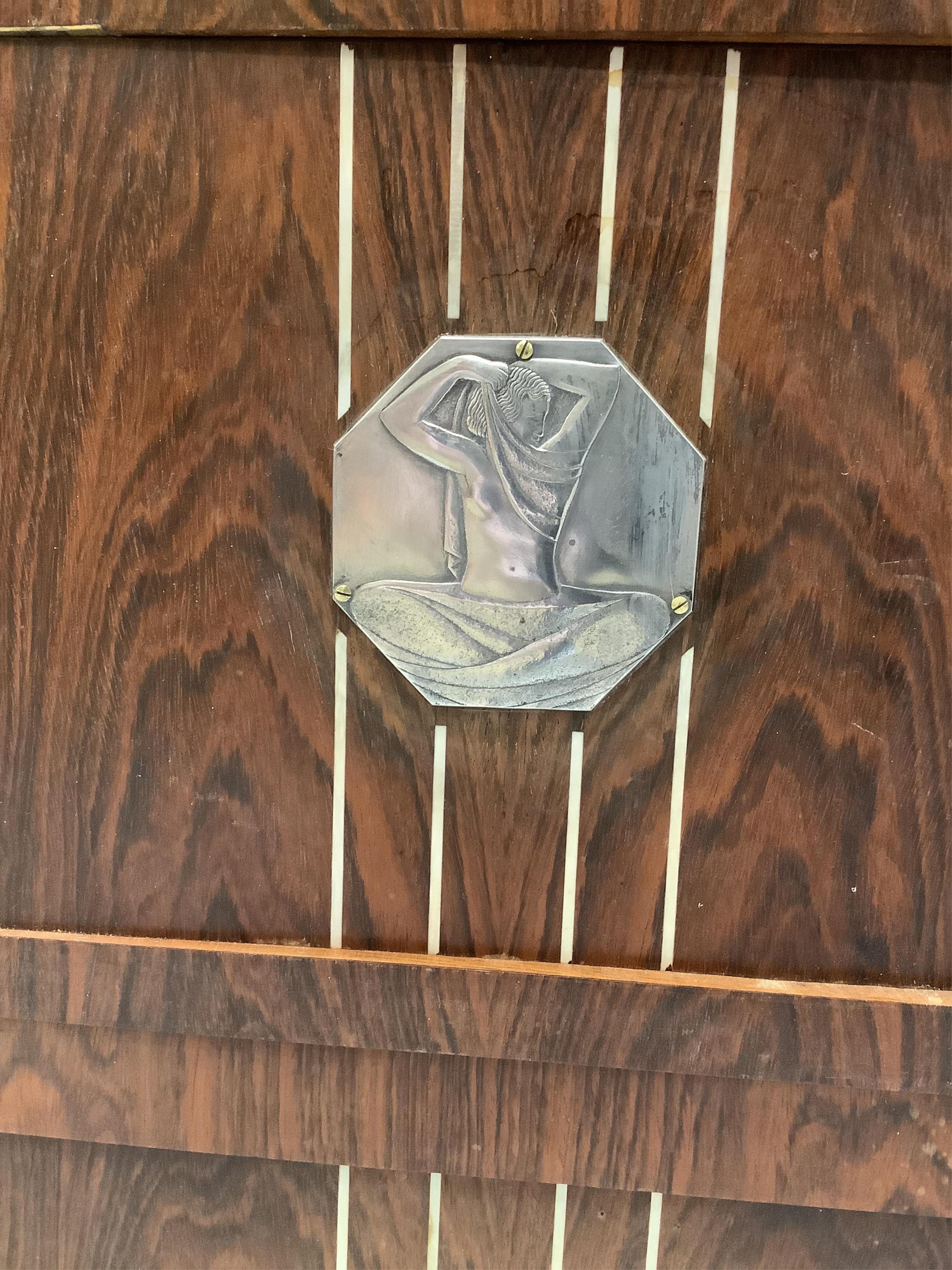 A French Art Deco inlaid rosewood marble top bedside cabinet, width 47cm, height 68cm. Condition - fair, but some light scuffing